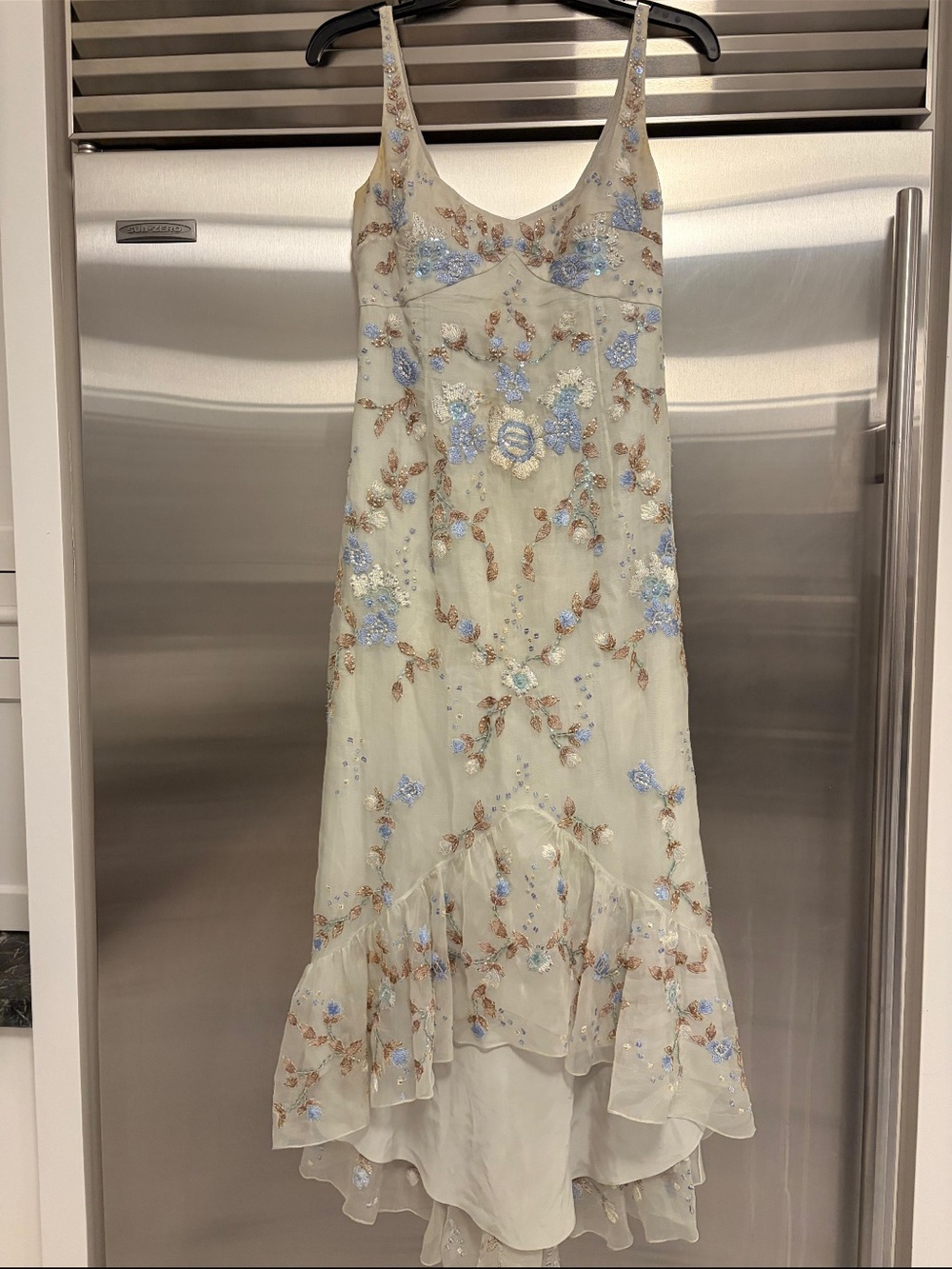 Embroidered Beaded Sleeveless Floral Slip Dress - Pale Cream & Light Blue
